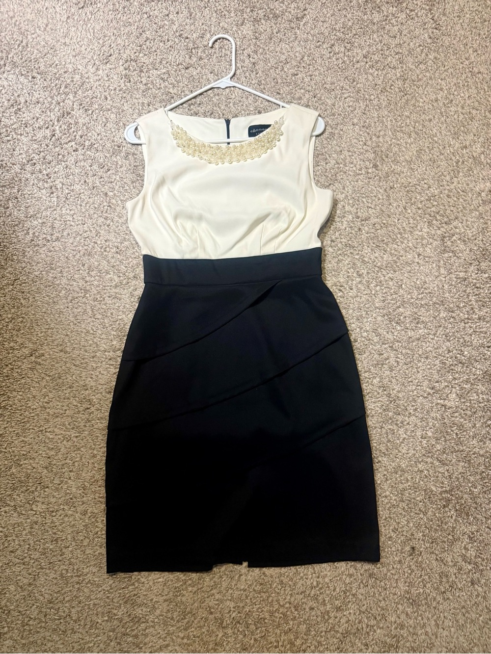 connected apparel Cream & Black Sleeveless Sheath Dress with Beaded Collar
